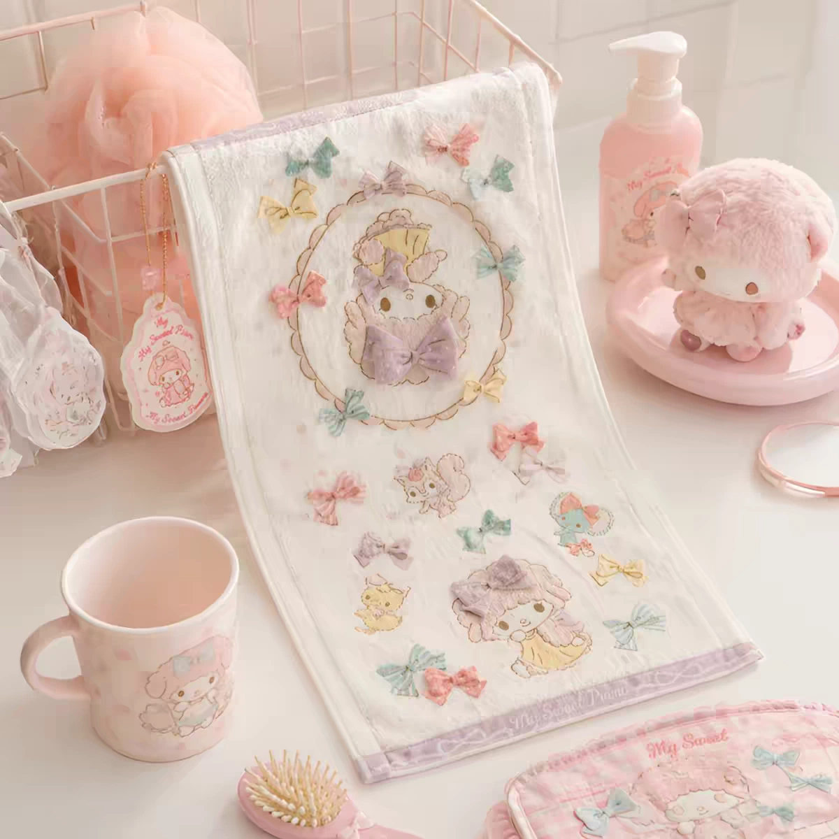 Vosges Sanrio Character Cotton Towel, Kuromi, Cinnamoroll, My Melody & Pompompurin Prints, Absorbent Antibacterial Face Towel for Students, Dorm & Bathroom