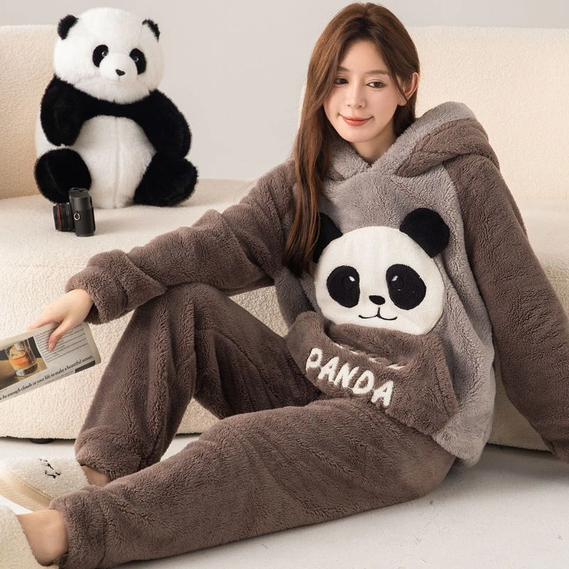 New 2026 Women's Coral Fleece Hooded Pajama Set, Thick Warm Cute Cartoon Loungewear, Oversized Plus Size Winter Sleepwear for Women, Fit up to 200 Lbs
