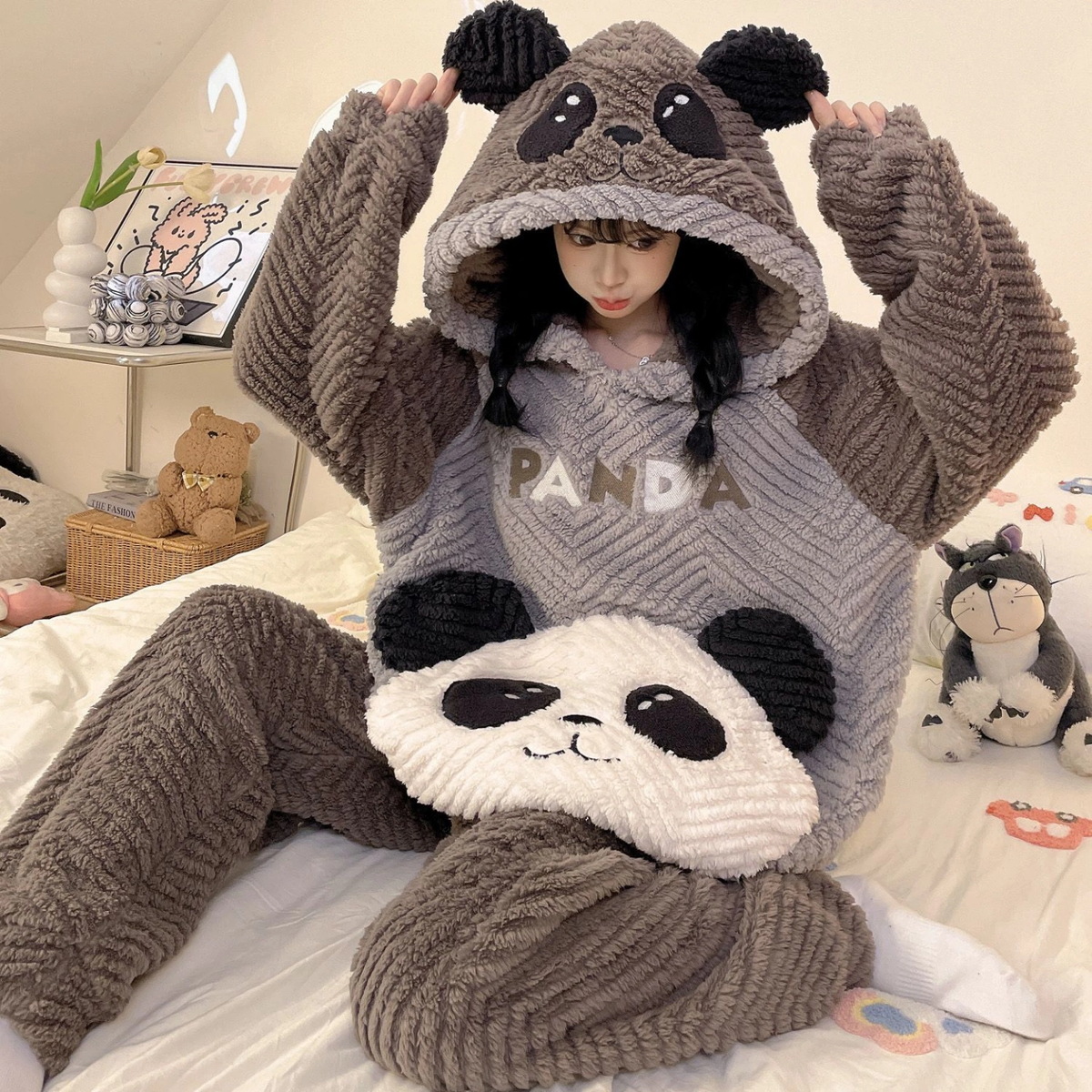 New 2026 Women's Coral Fleece Hooded Pajama Set, Thick Warm Cute Cartoon Loungewear, Oversized Plus Size Winter Sleepwear for Women, Fit up to 200 Lbs