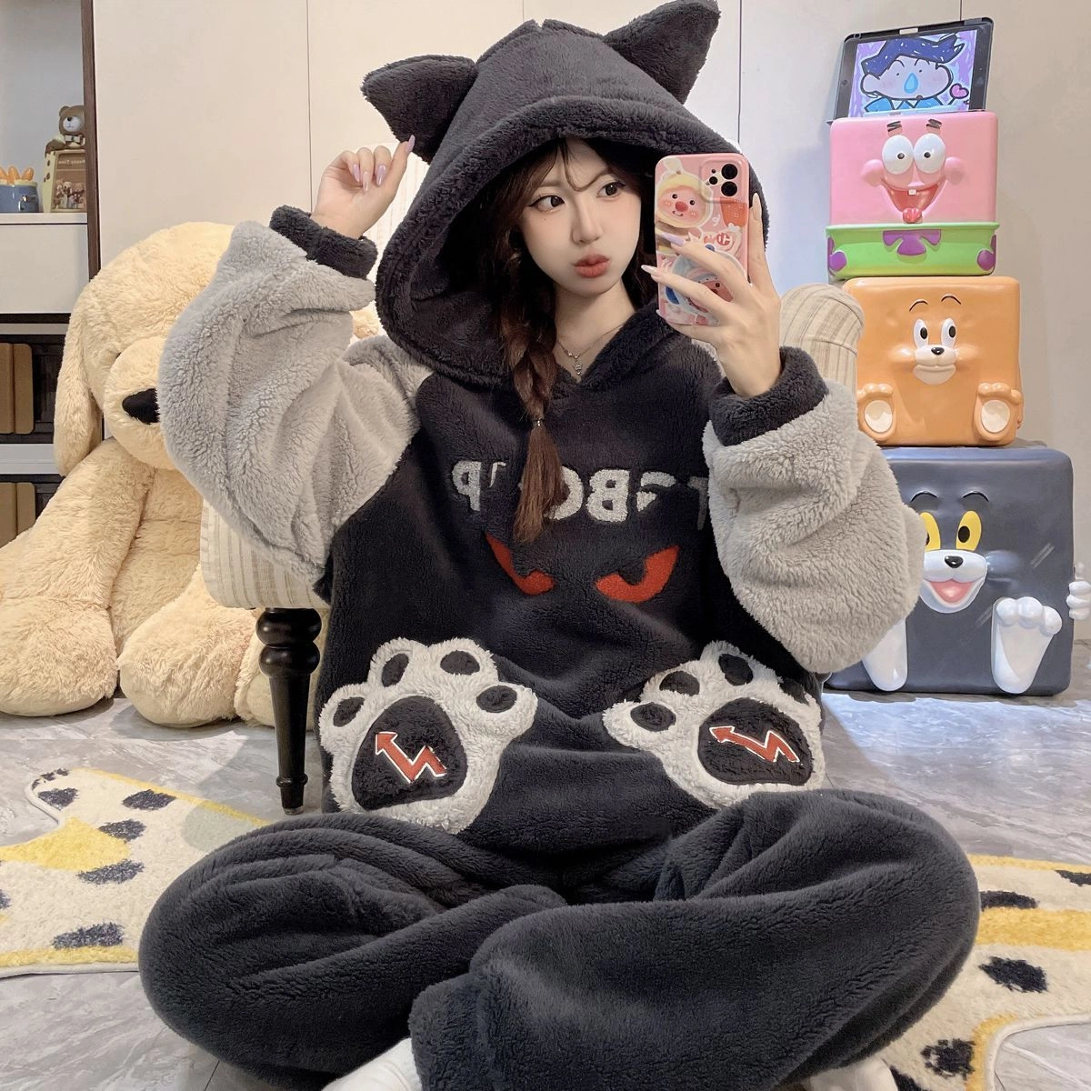 New 2026 Women's Coral Fleece Hooded Pajama Set, Thick Warm Cute Cartoon Loungewear, Oversized Plus Size Winter Sleepwear for Women, Fit up to 200 Lbs