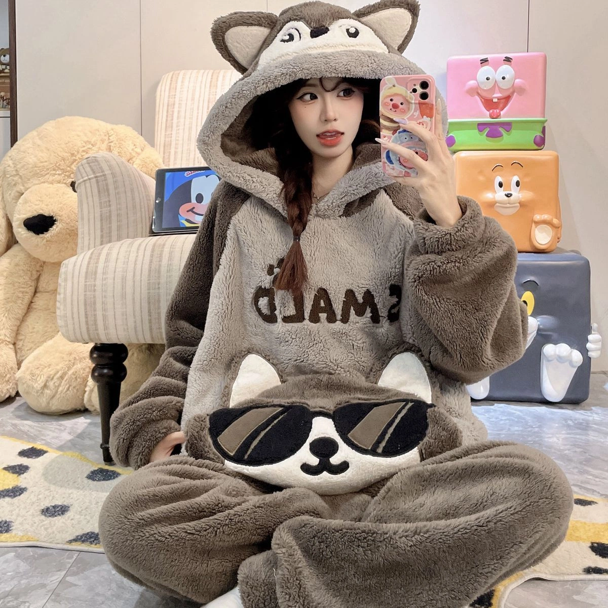 New 2026 Women's Coral Fleece Hooded Pajama Set, Thick Warm Cute Cartoon Animal Loungewear, Oversized Plus Size Fall Winter Sleepwear for Curvy Women, Fits up to 200 Lbs