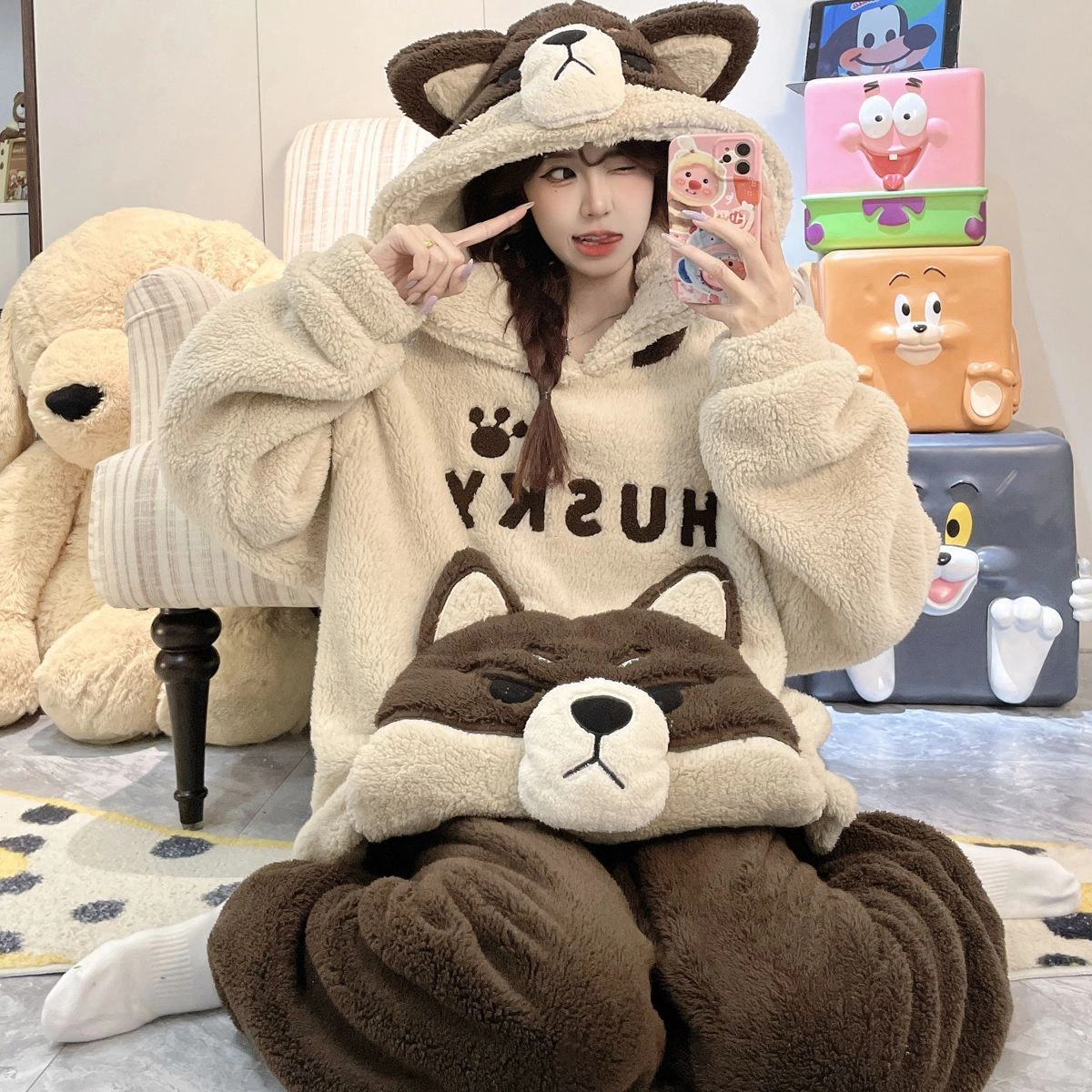 New 2026 Women's Coral Fleece Hooded Pajama Set, Thick Warm Cute Cartoon Animal Loungewear, Oversized Plus Size Fall Winter Sleepwear for Curvy Women, Fits up to 200 Lbs