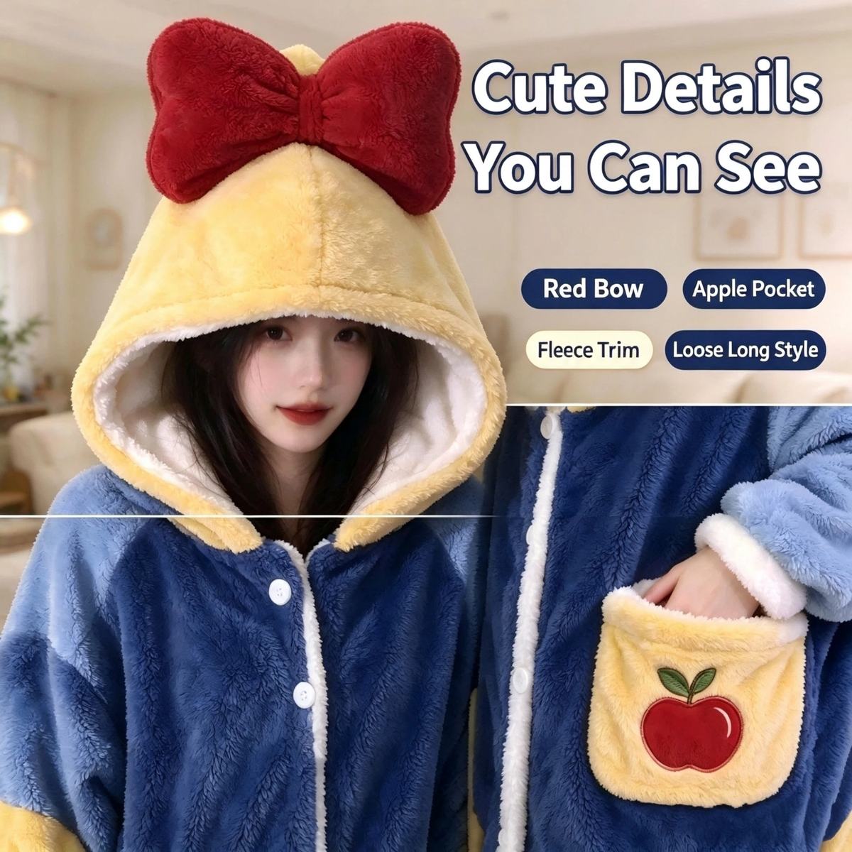 Snow White Inspired Coral Fleece Long Robe for Women, Cute Hooded Bathrobe with Red Bow, Fall Winter Warm Loungewear, Wearable Outside Home