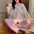 Women's Air Cotton Pajama Set, Doll Collar Sweet Warm Thick Loungewear, Loose Casual Long Homewear Sleepwear Outfit