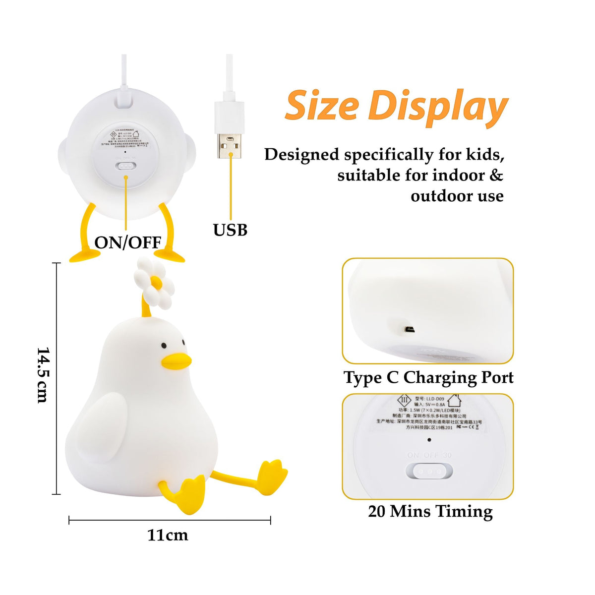 LED Night Light USB Rechargeable Touch Control Bedtime Lamp - Duck