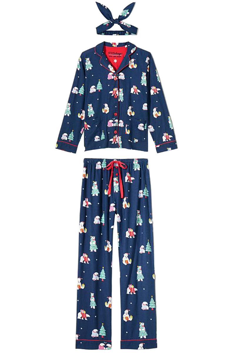 P.J Salvage Bearly Awake Print Flannel PJ Set with Headband in Navy
