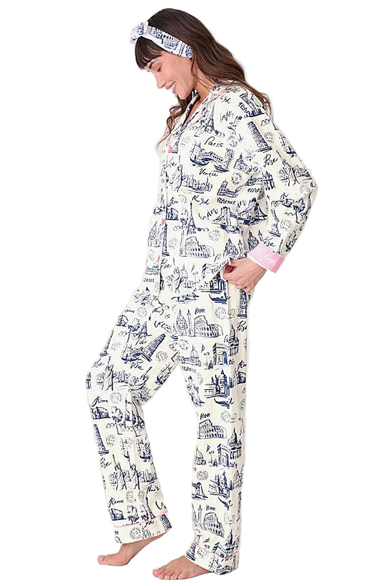 P.J Salvage Bon Voyage Print Flannel PJ Set with Headband in White Cloud