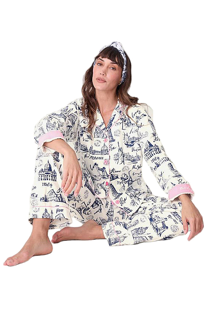 P.J Salvage Bon Voyage Print Flannel PJ Set with Headband in White Cloud