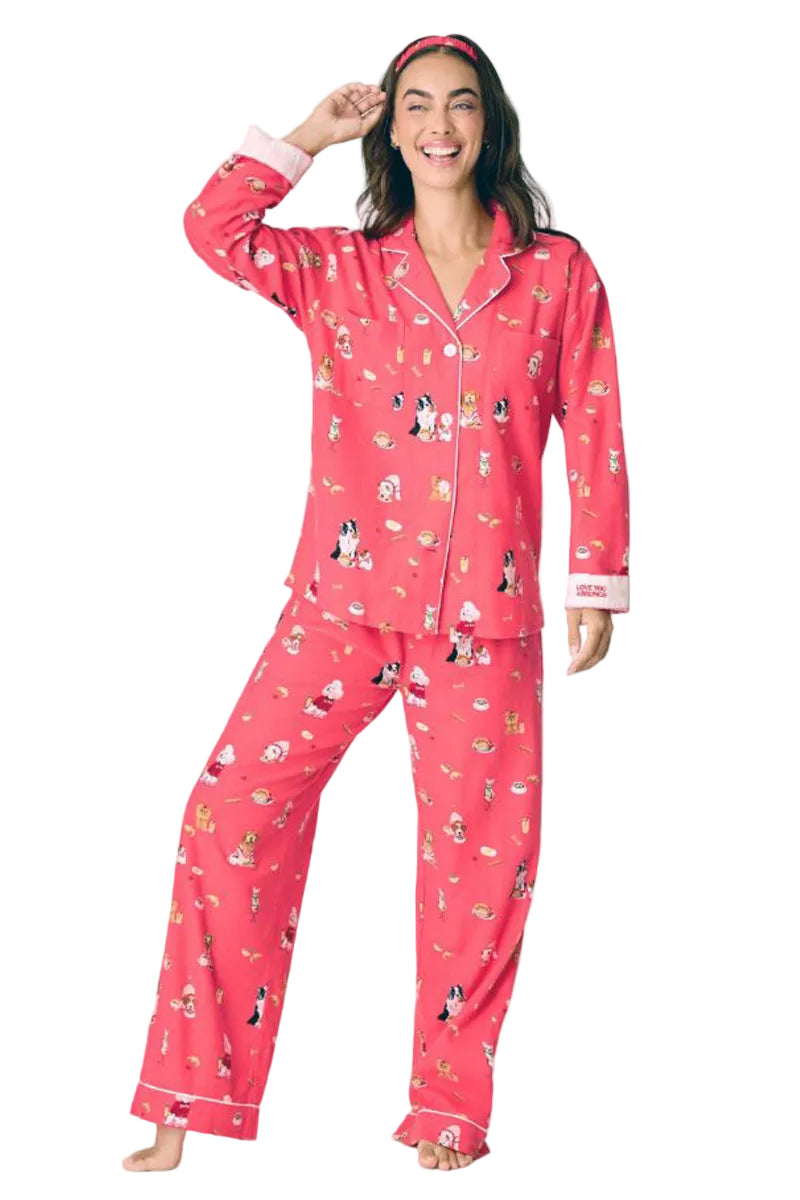 P. J. Salvage Dogs Who Brunch 3-Piece Flannel PJ Set in Dark Coral